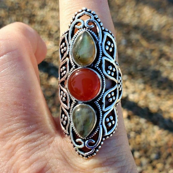 New Amazing Labradorite & Carnelian 925 Silver Ring. - Picture 2 of 12